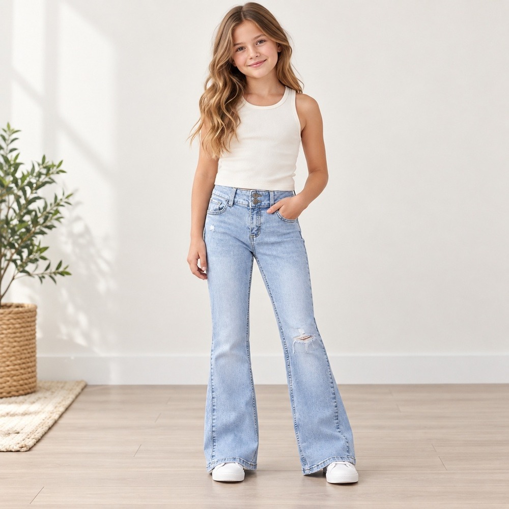 SO Flare Jeans Girls Size 8 Light Wash Distressed Denim Retro Bell Bottoms